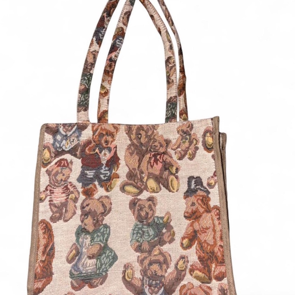 Teddy Bear Patterned Tote Bag - Cream and Brown